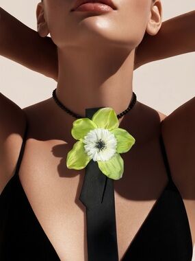 Green & White Fabric Flower Necktie Necklace
